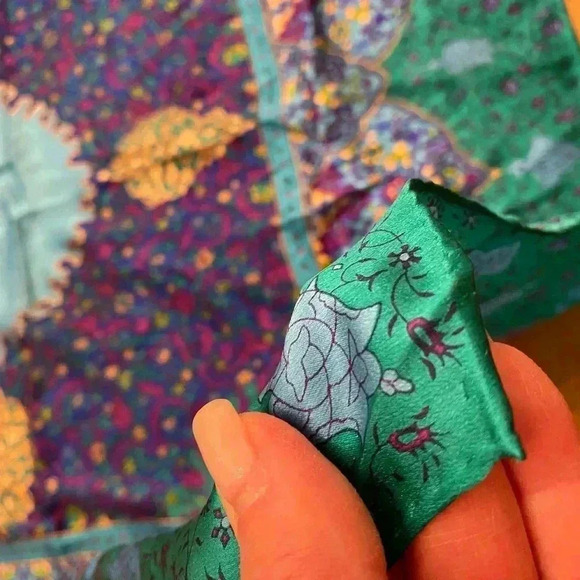 Women’s Silk Square Bohemian Colorful Scarf Boho Green Purple Blue Pink Yellow - Picture 5 of 10